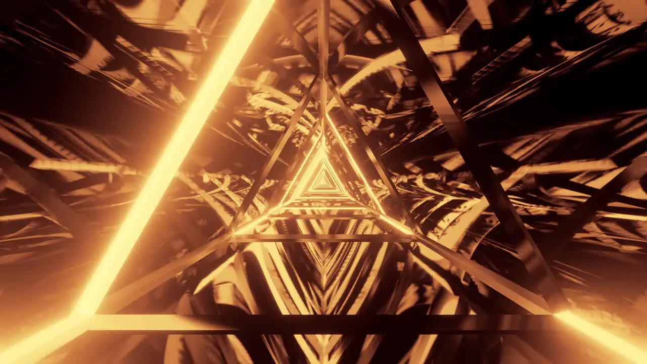 Motion graphics of immersing through highly reflective bright golden prism shape tunnel