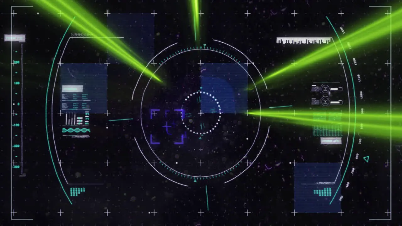 Animation of flashing coloured light beams over circular scanner processing data on black background