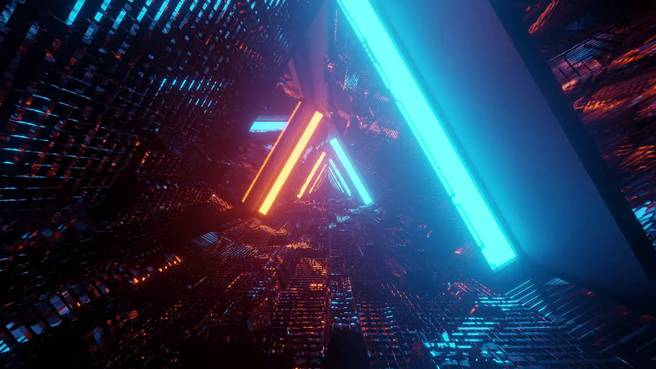 Computerized motion graphics of immersing into futuristic triangle shape highly reflective space tunnel