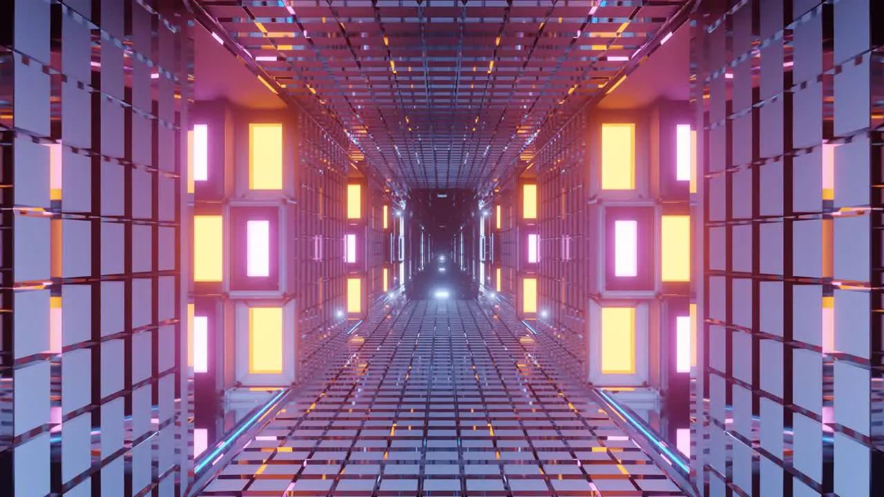 Animation of immersing through long highly reflective shiny glowing and vivid entrance path