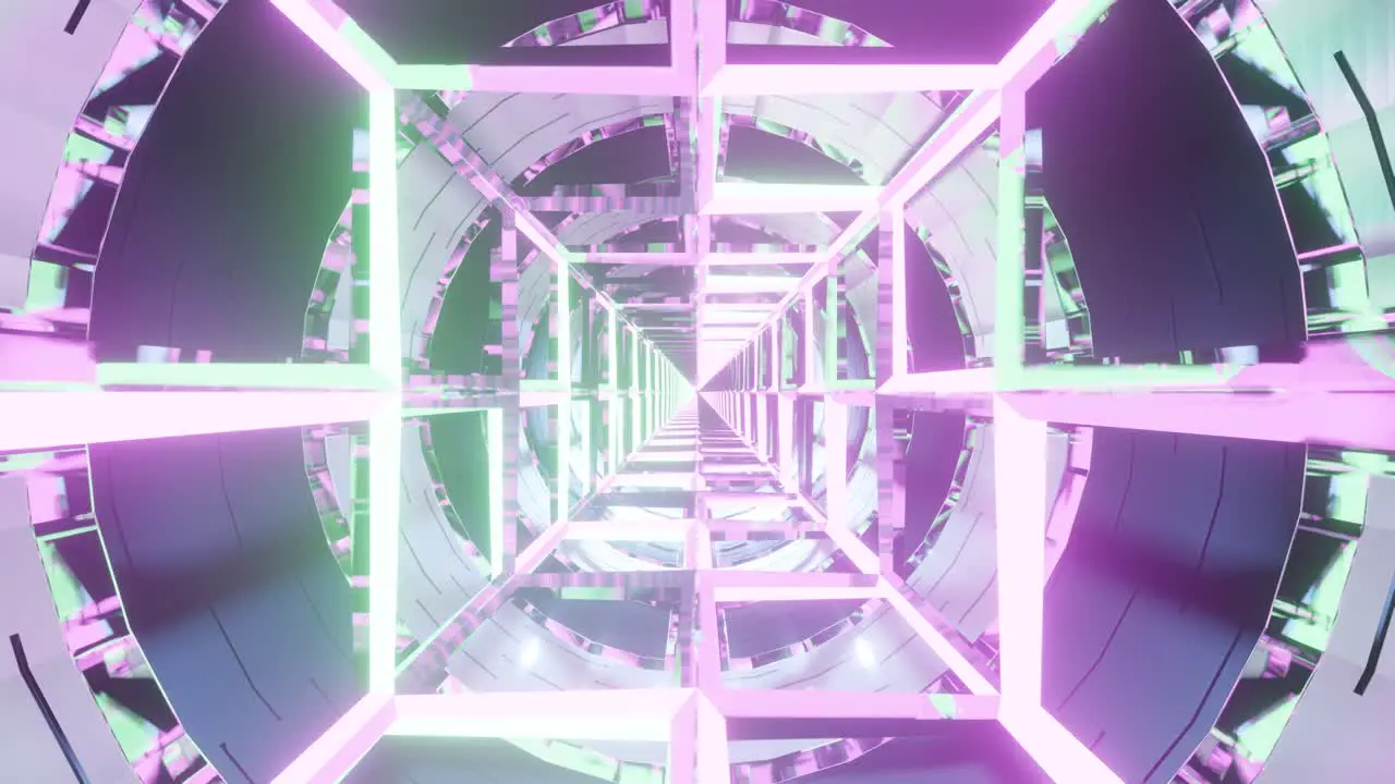 Computerized motion graphics of falling through deep vivid colorful and glowing bore with wire frame design