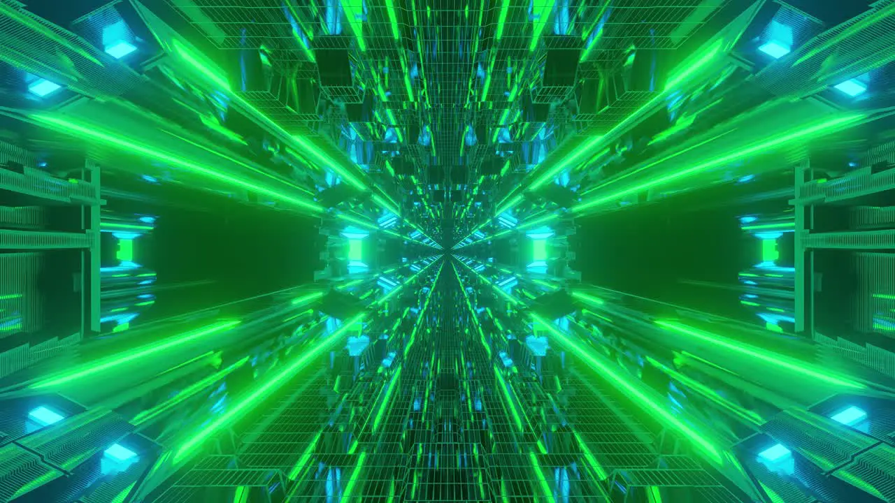 Animation of immersing through highly reflective long hollow space tunnel with converging bright green lines towards the center