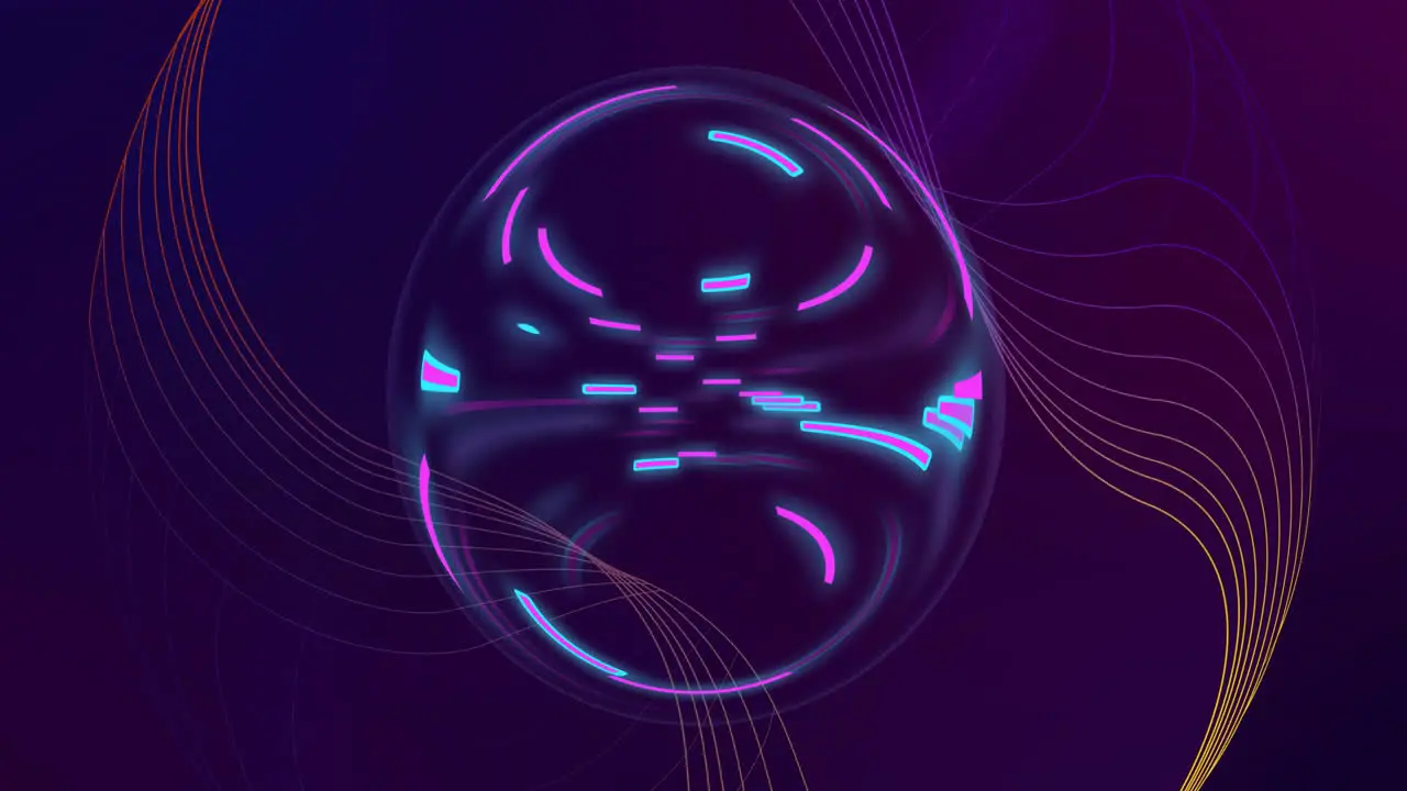 Animation of network structure and blue and purple lights rotating in sphere on dark background