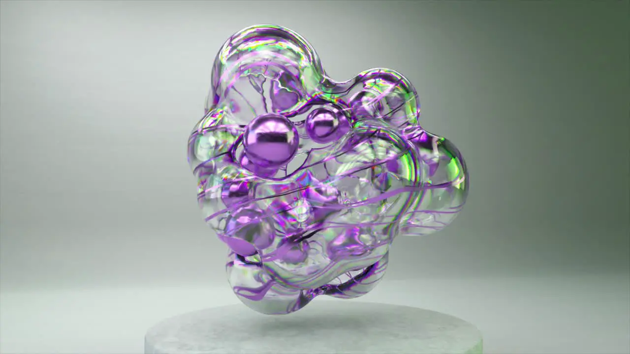 Translucent purple bubbles in 3D animation levitating over a stone plinth with a soft-focus grey backdrop