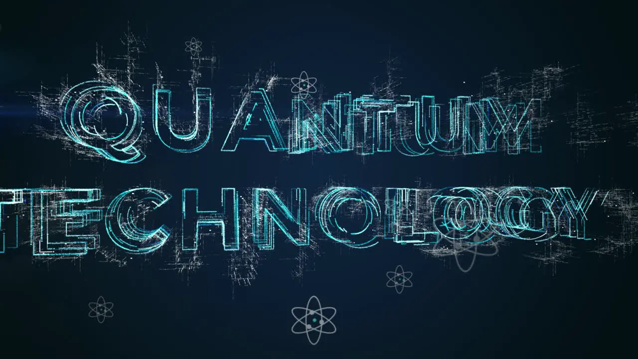 Quantum technology animation of quantum particle atoms in empty space with 3D render of written logo