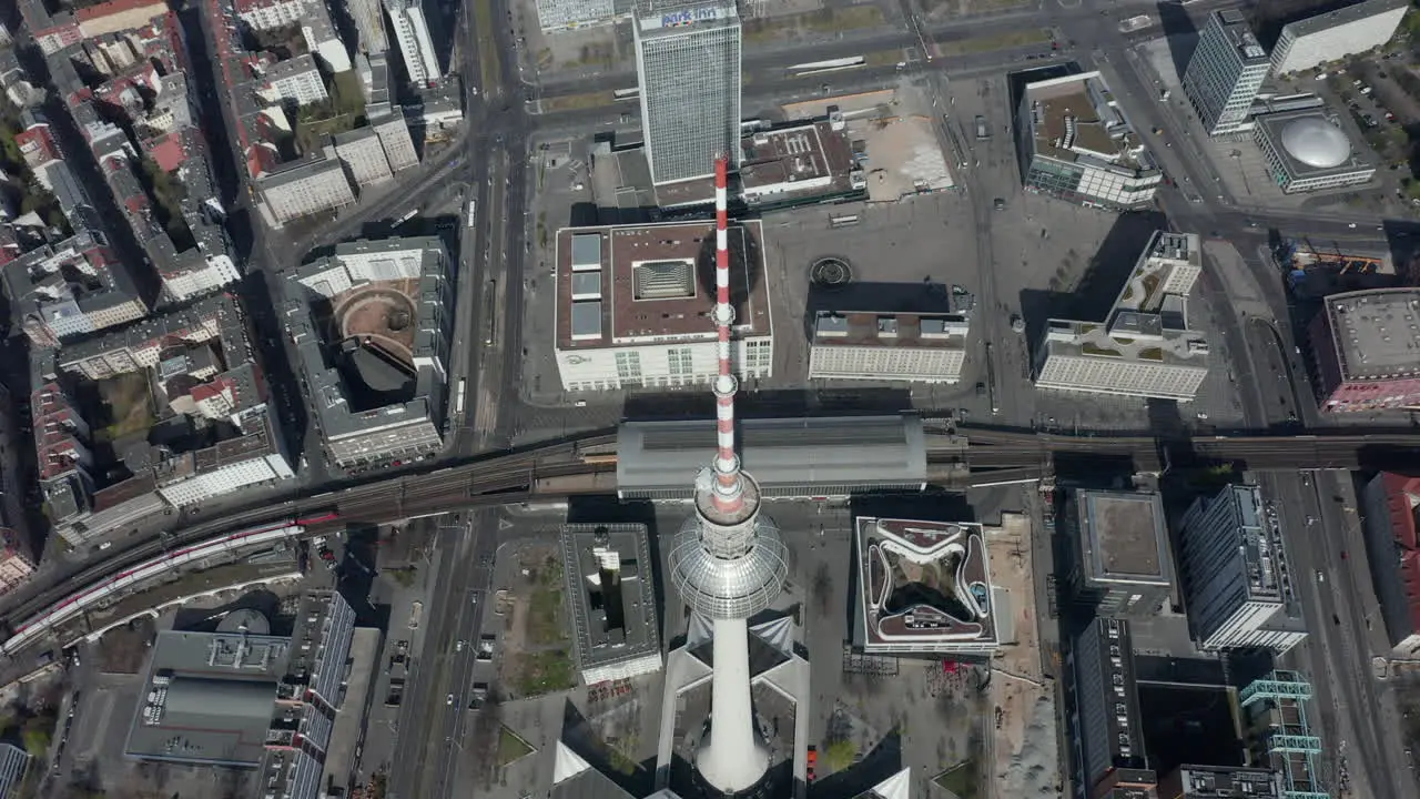 AERIAL Wide View of Empty Berlin Germany Alexanderplatz TV Tower with No People or Cars on Beautiful Sunny Day During COVID 19 Coronavirus Pandemic March 2020