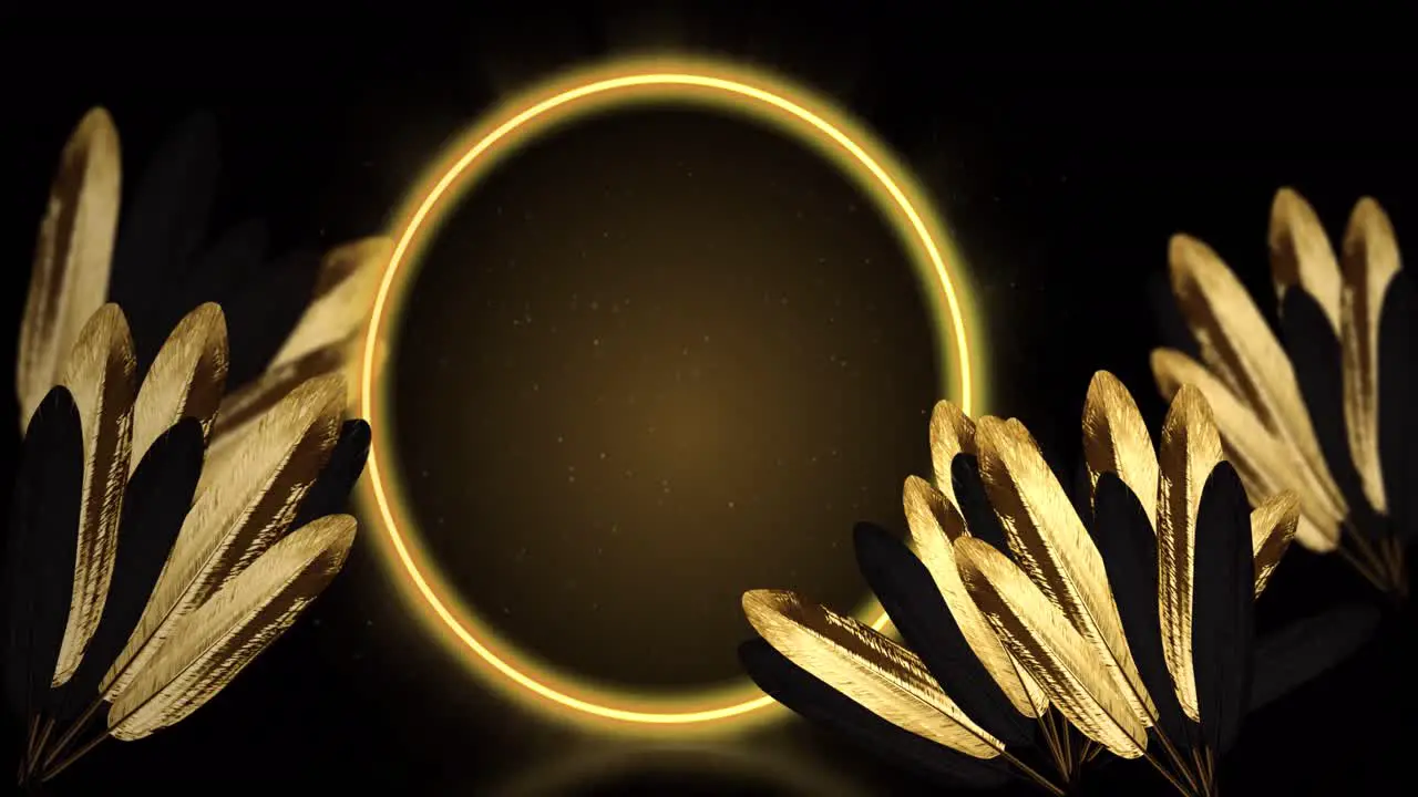 Animation of gold tropical leaves with yellow neon circle on brown background