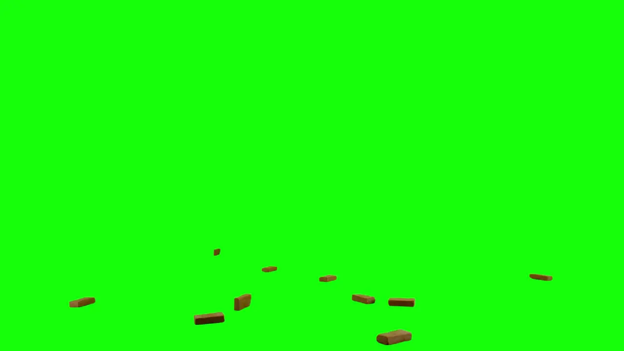 Splattering bricks pieces of bricks exploding in center of the screen than falling and scattering on imaginary flat surface green screen background animation overlay for chroma key blending option