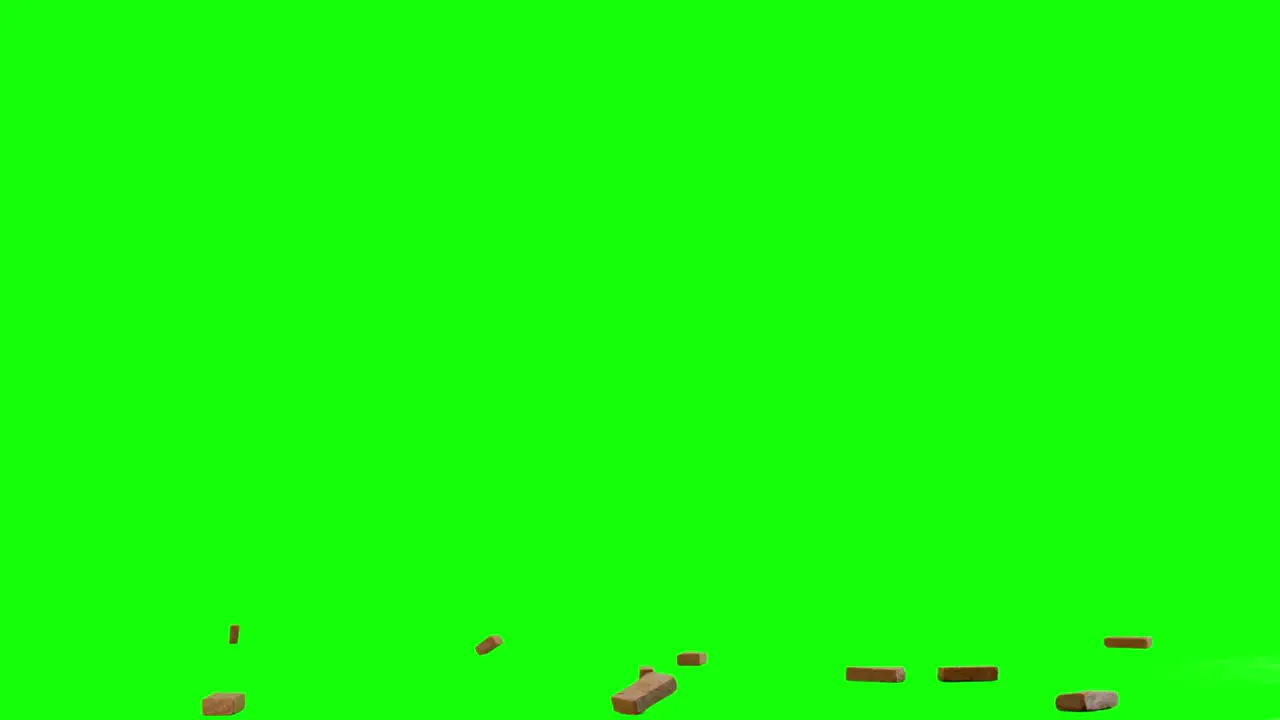 Exploding bricks pieces of bricks exploding in center of the screen than falling and scattering on imaginary flat surface green screen background animation overlay for chroma key blending option