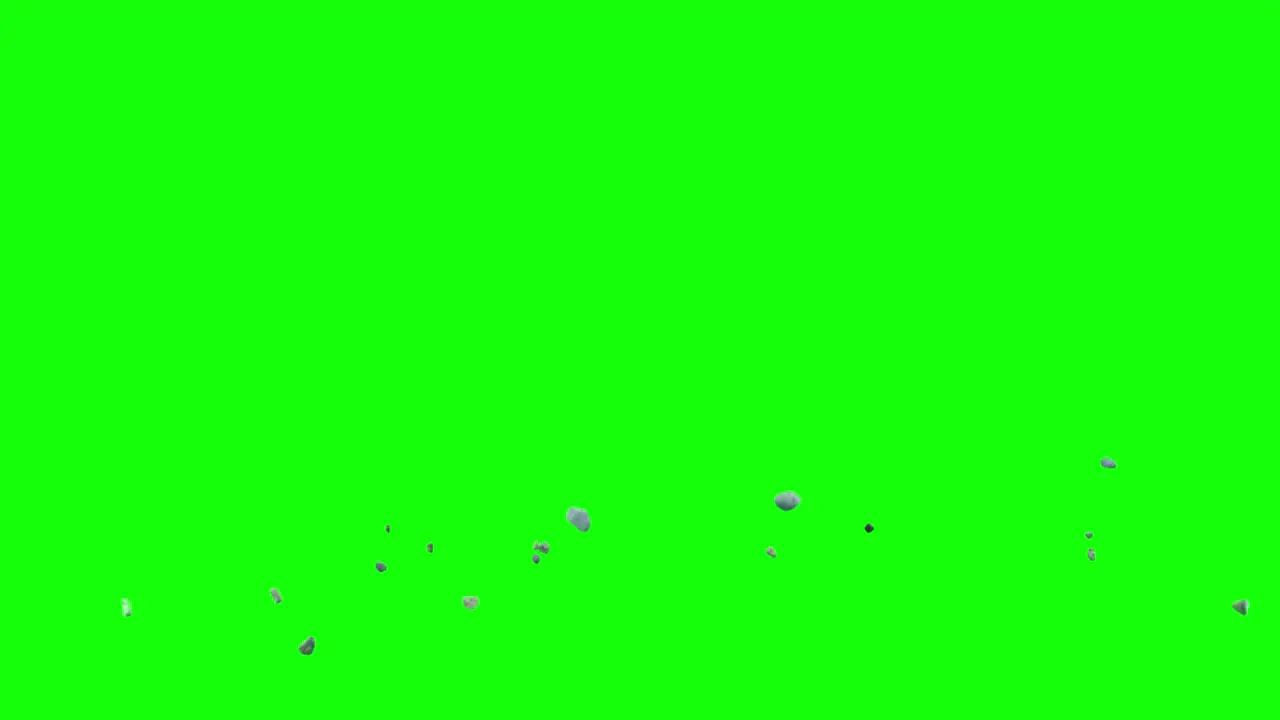 Falling rock debris small pieces of stone rocks exploding from screen center and scattering on imaginary flat surface green screen background animation overlay for chroma key blending