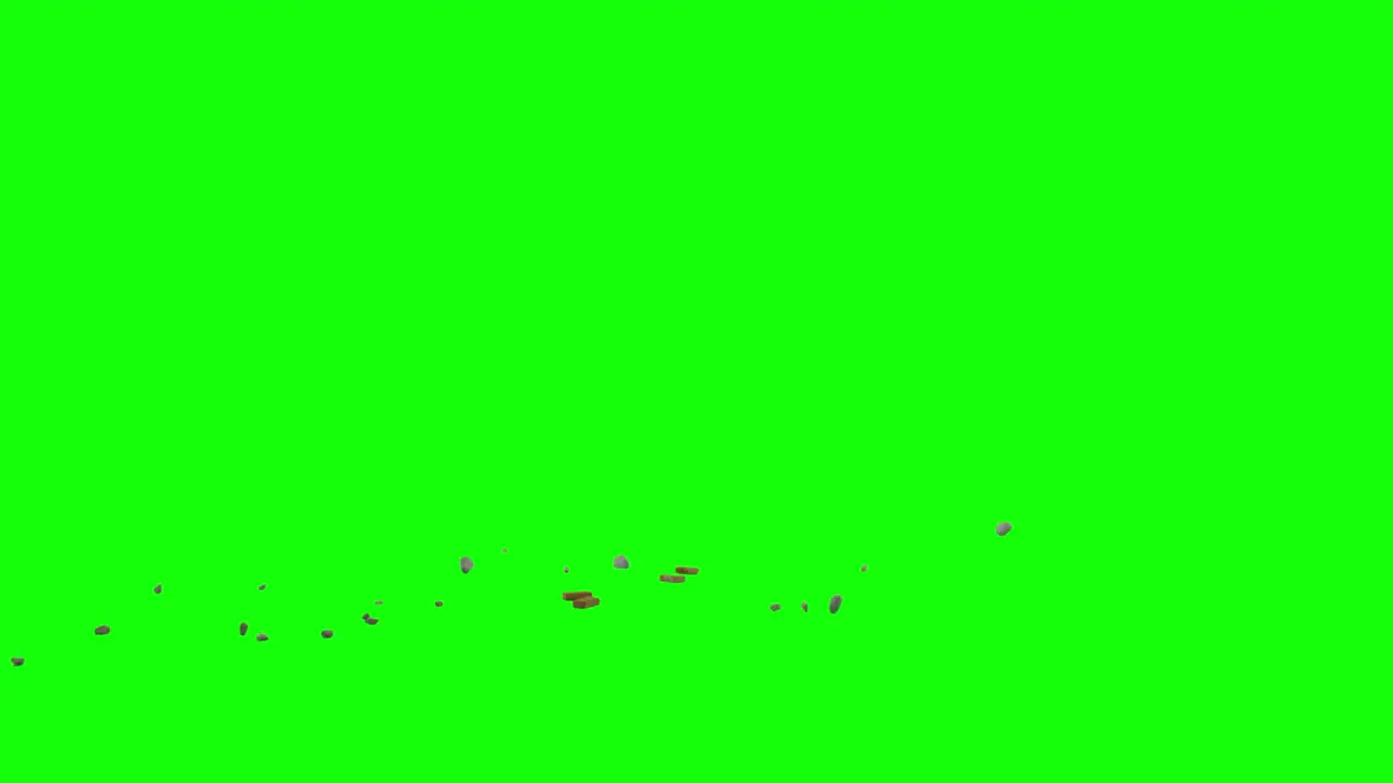 Pieces of bricks and rocks appearing from left side of the screen scattering on imaginary flat surface green screen background animation video overlay for chroma key blending option