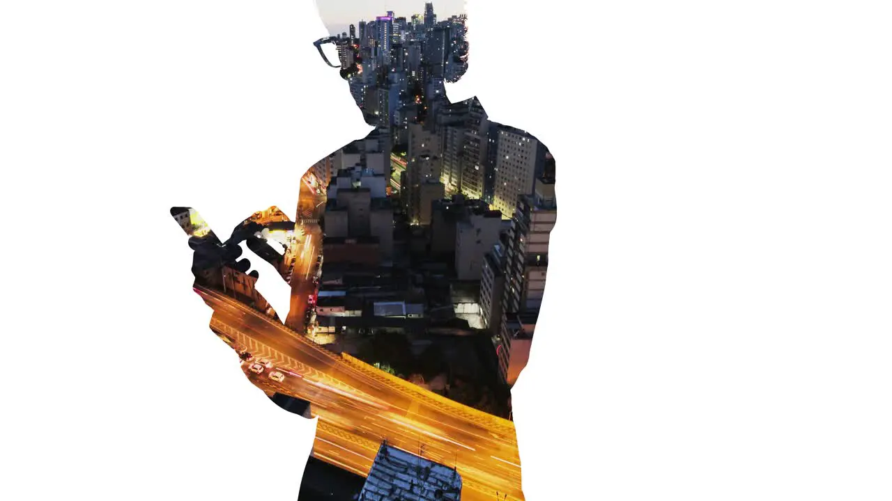 4K Silhouette of Business Man isolated with Timelapse of Sao Paulo Brazil's largest city overlayed with double exposure