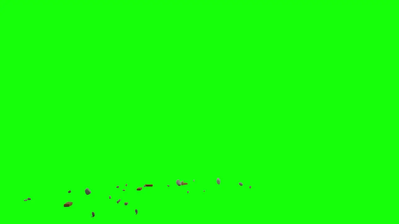 Mixed rock and brick pieces dropped from top left side of the screen and scattering on imaginary flat surface green screen background animation overlay for chroma key transparent blending option