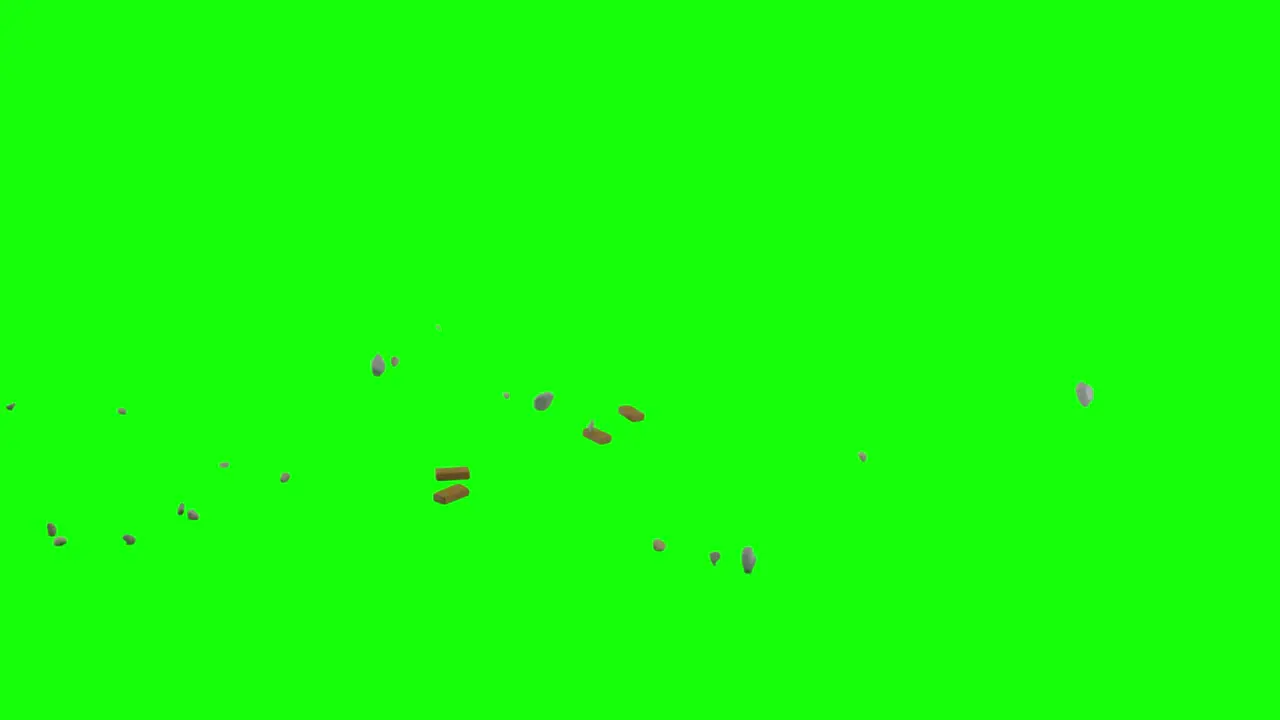 Rock and brick pieces dropped from top left side of the screen and scattering on imaginary flat surface green screen background animation overlay for chroma key transparent blending option