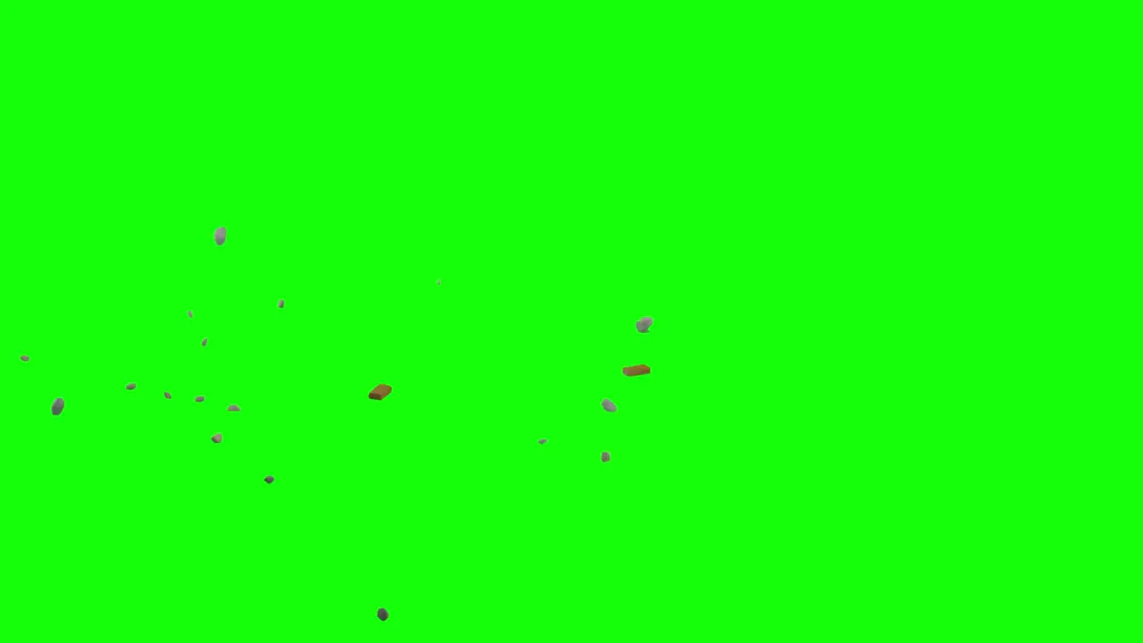 Falling pieces of bricks and rocks appearing from left top side of the screen and scattering on imaginary flat surface green screen background animation overlay for chroma key blending option