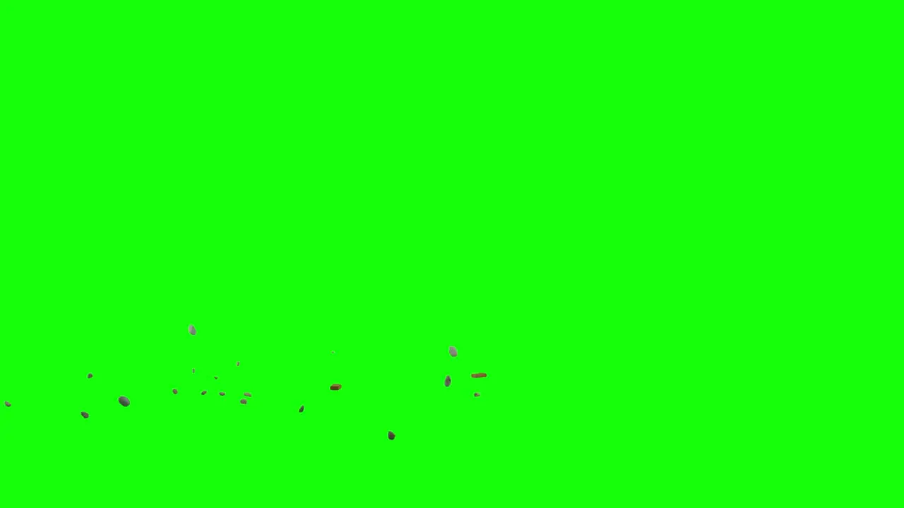 Rock and brick pieces dropped from top left side of the screen and scattering on imaginary flat surface green screen background animation overlay for chroma key blending option