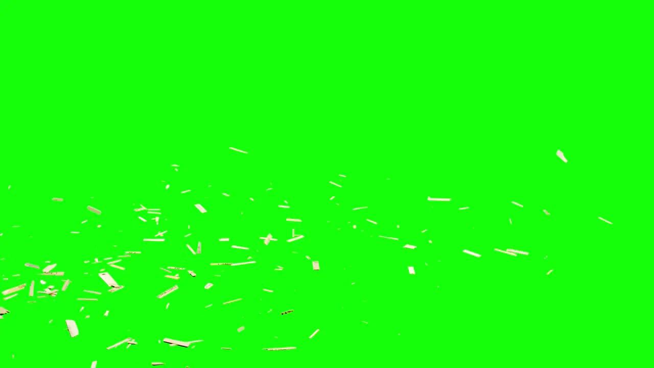 Pieces of wood scattered from left side of the screen and falling on imaginary flat surface green screen background animation overlay for chroma key blending transparent option