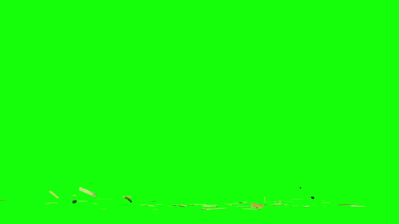 Exploding pieces of wood and rocks appearing from center of the screen and scattering on imaginary flat surface green screen background animation overlay for chroma key blending option