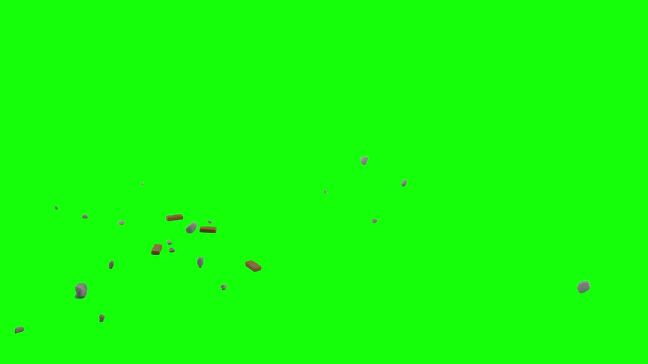 Falling pieces of bricks and rocks appearing from left side of the screen and scattering on imaginary flat surface green screen background animation overlay for chroma key blending option