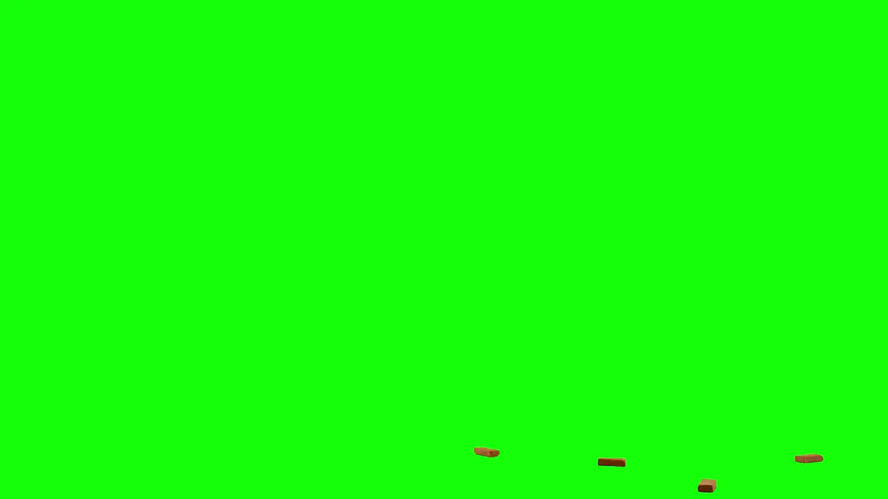 Sliding bricks bulk of bricks sliding in from left side of the screen and scattering on imaginary flat surface green screen background animation overlay video for chroma key blending transparent