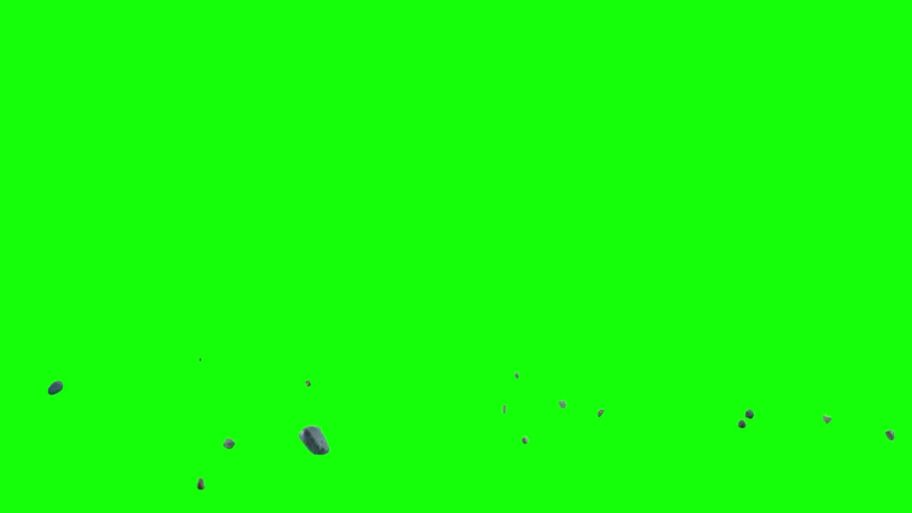 Rock debris small pieces of stone rocks exploding from screen center and scattering on imaginary flat surface green screen background animation overlay for chroma key blending