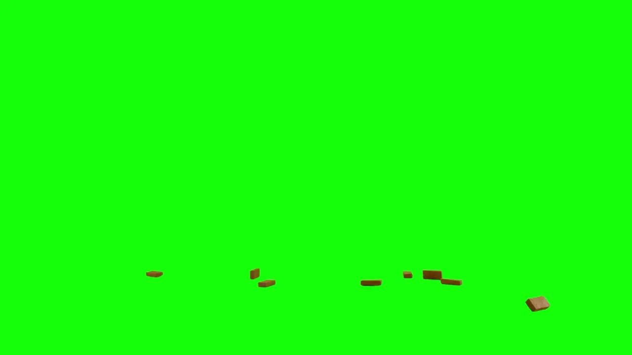 Falling bricks pieces of bricks exploding in center of the screen falling and scattering on imaginary flat surface green screen background animation overlay for chroma key blending option