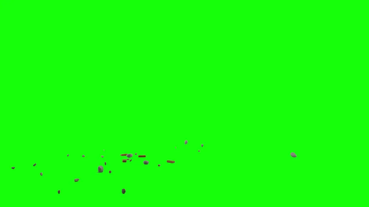 Pieces of bricks and rocks sliding from left side of the screen and scattering on imaginary flat surface green screen background animation overlay for chroma key blending option