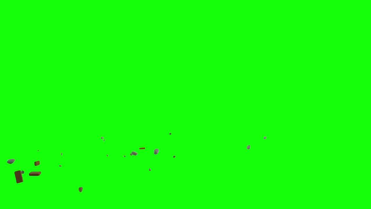 Thrown pieces of bricks and rocks appearing from top left side of the screen and scattering on imaginary flat surface green screen background animation overlay for chroma key blending option