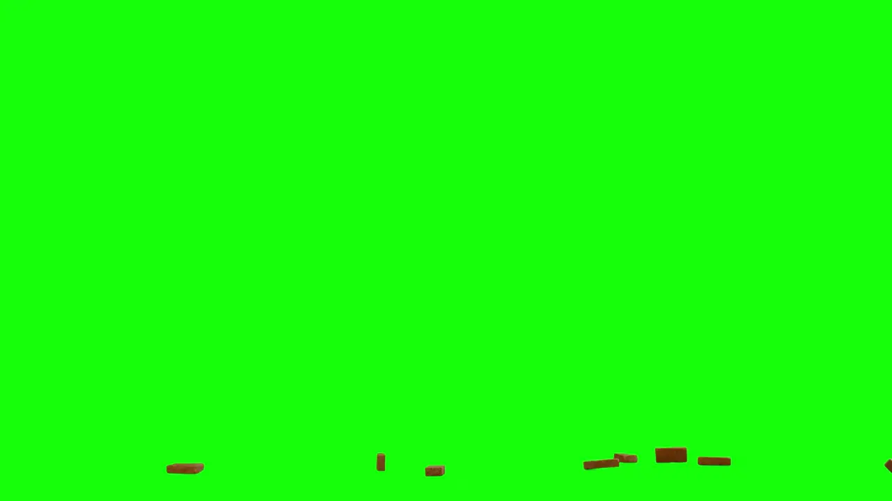 Thrown bricks pieces of bricks exploding in center of the screen falling and scattering on imaginary flat surface green screen background animation overlay for chroma key blending option