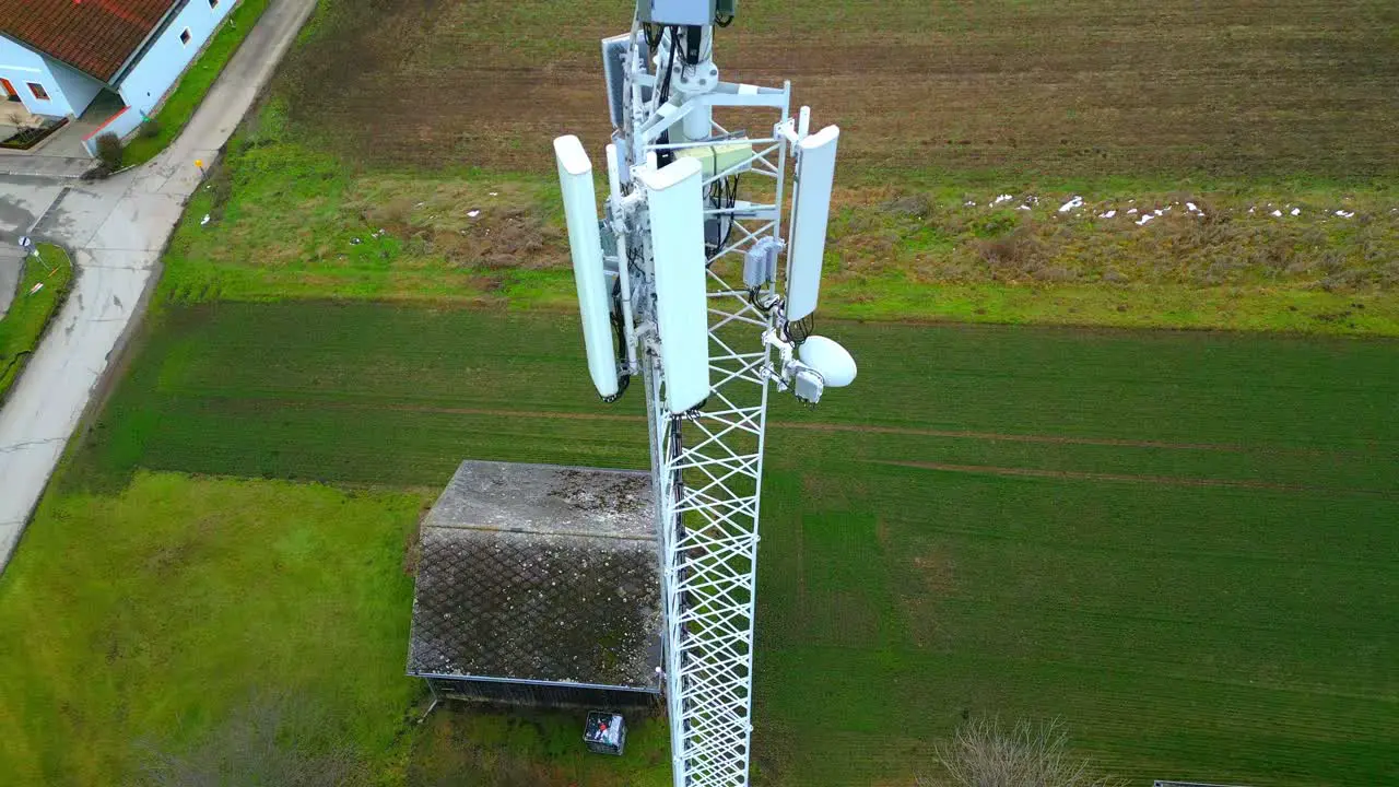 Closeup Details Of A Telecommunication Tower At The Cell Site On The Field