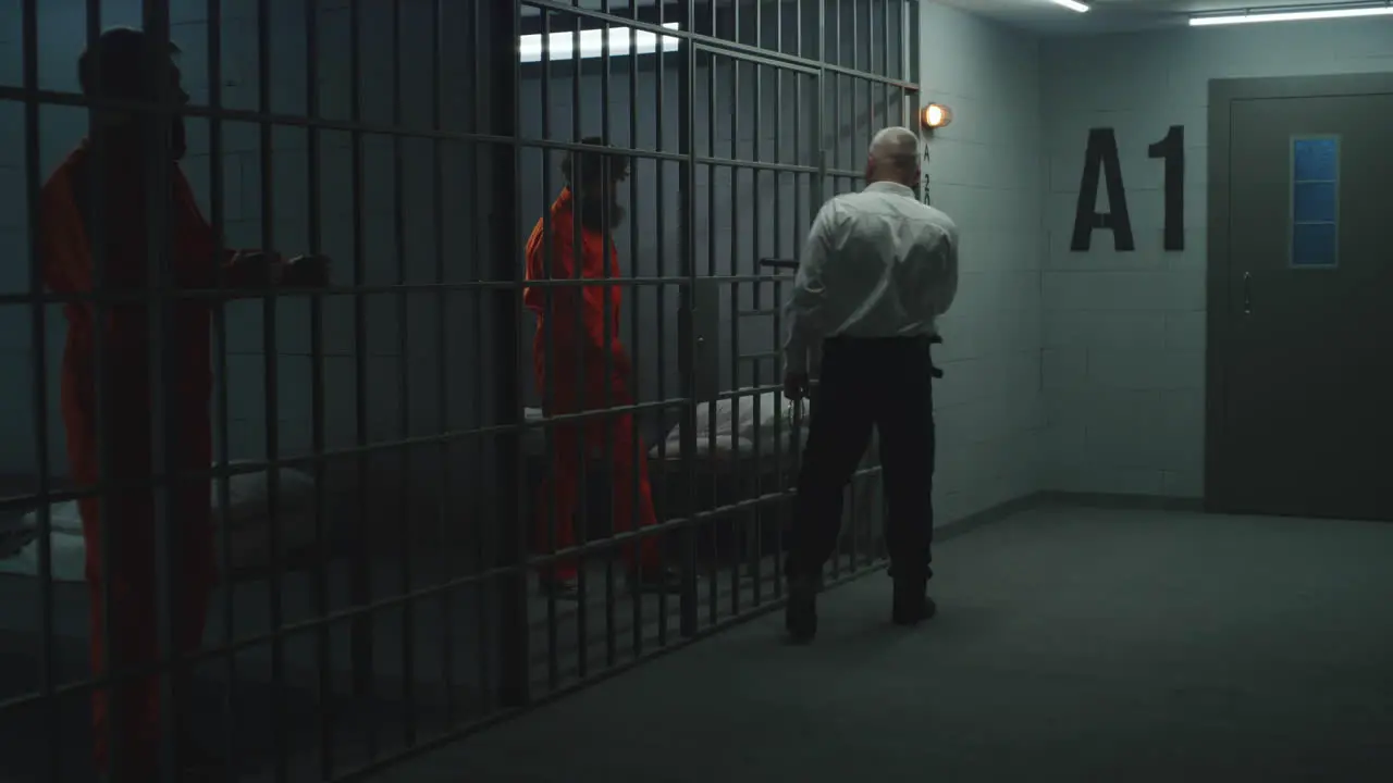 Prison Officer with Police Baton Watches Criminals in Prison Cells