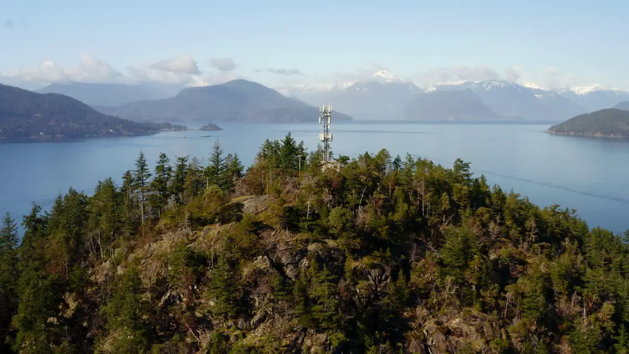 Cell Tower On Forested Hill In Horseshoe Bay Overlooking Howe Sound In West Vancouver BC Canada