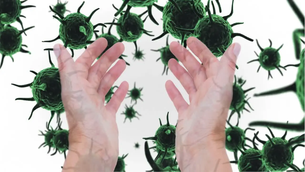 Hands against green bacteria cells 4k