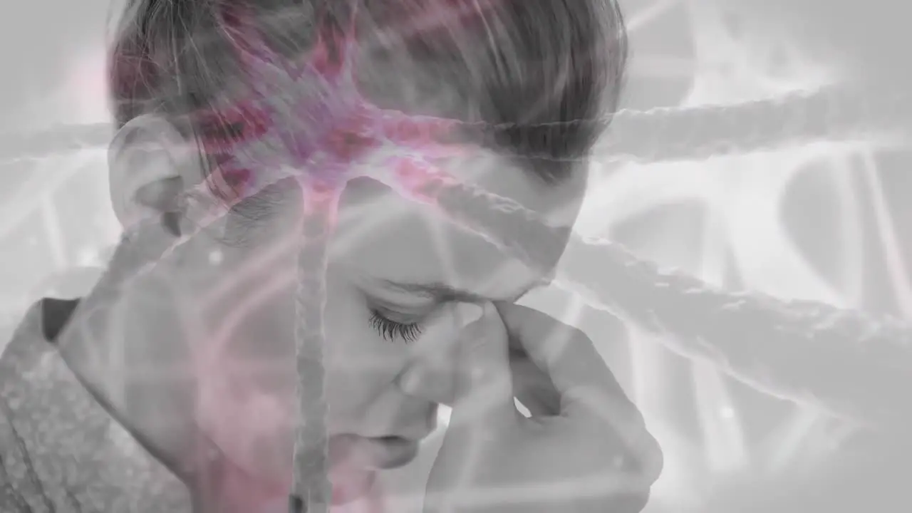 Woman with head pain against bacteria infection cells 4k