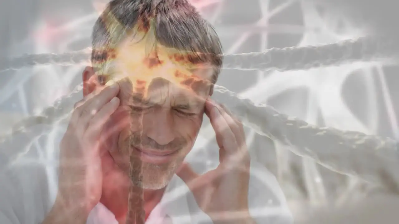 Man with head pain against bacteria infection cells 4k