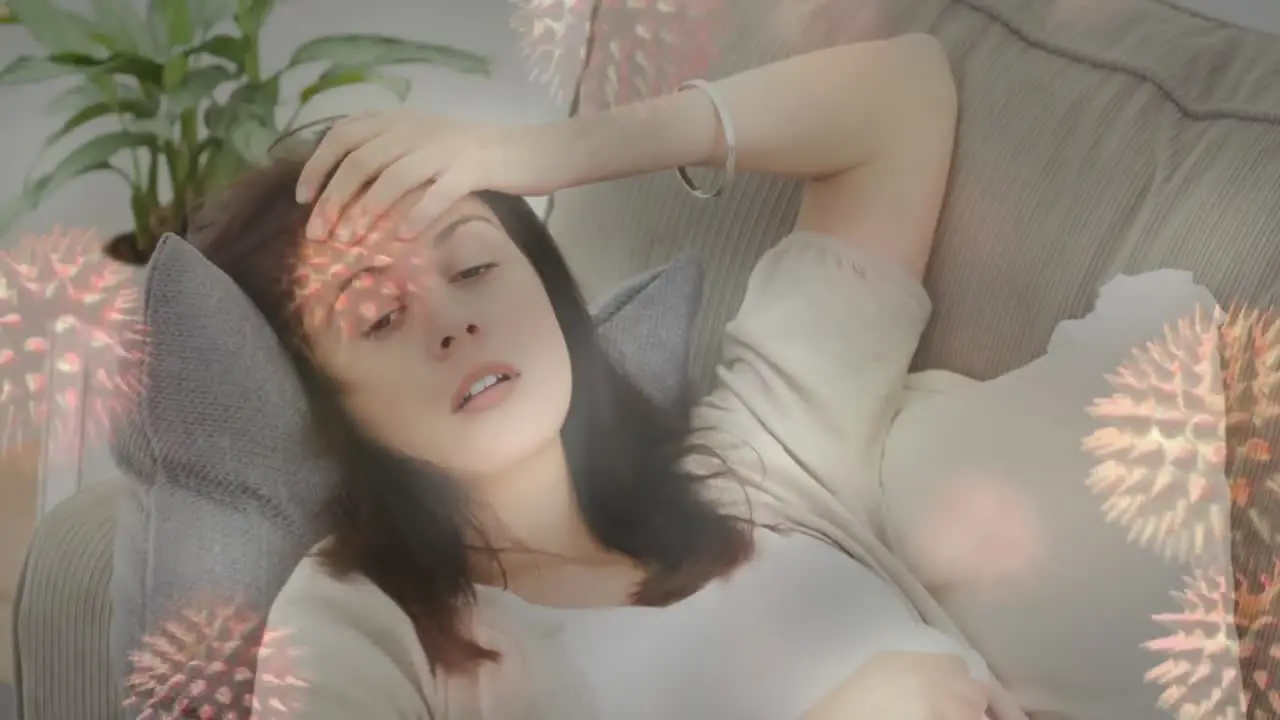 Bacteria infection cells against woman suffering from headache 4k