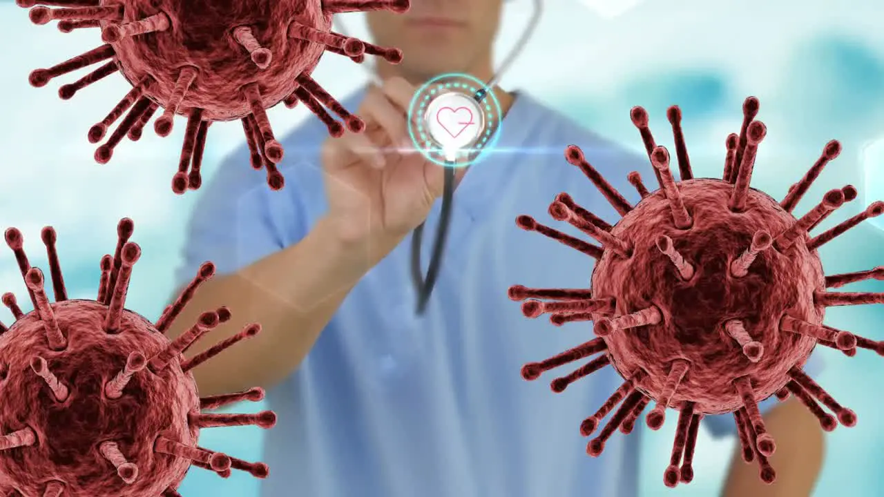 Doctor showing stethoscope with heart pulse rate and bacteria cells 4k