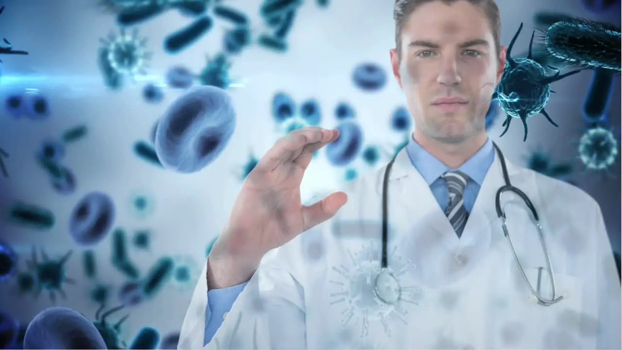 Doctor holding invisible object against bacteria cells 4k