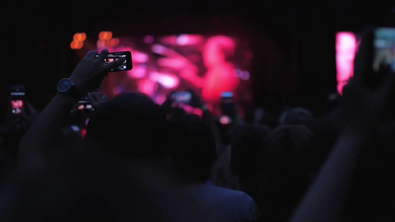 A slow motion of the crowd at an open air evening concert