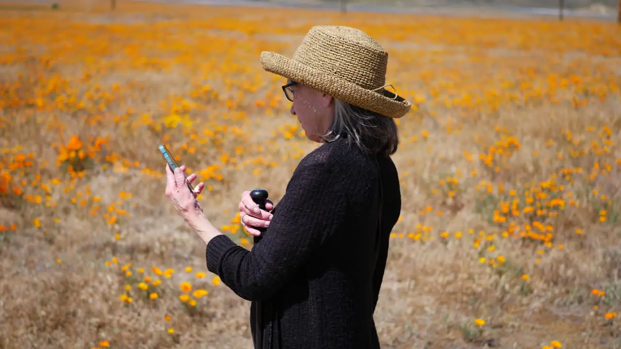 An old woman texting on a smart phone and trying to get cell reception while on a nature walk in a field of flowers SLOW MOTION