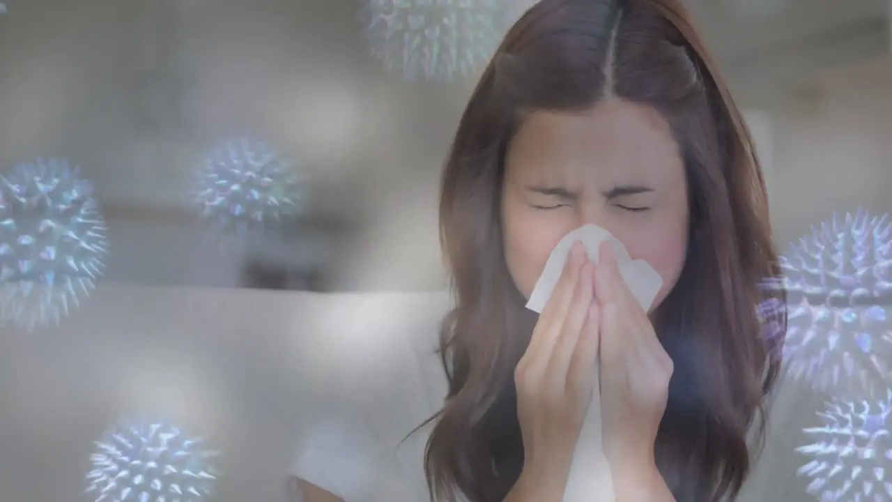 Woman sneezing while suffering from allergy and bacterial cell 4k