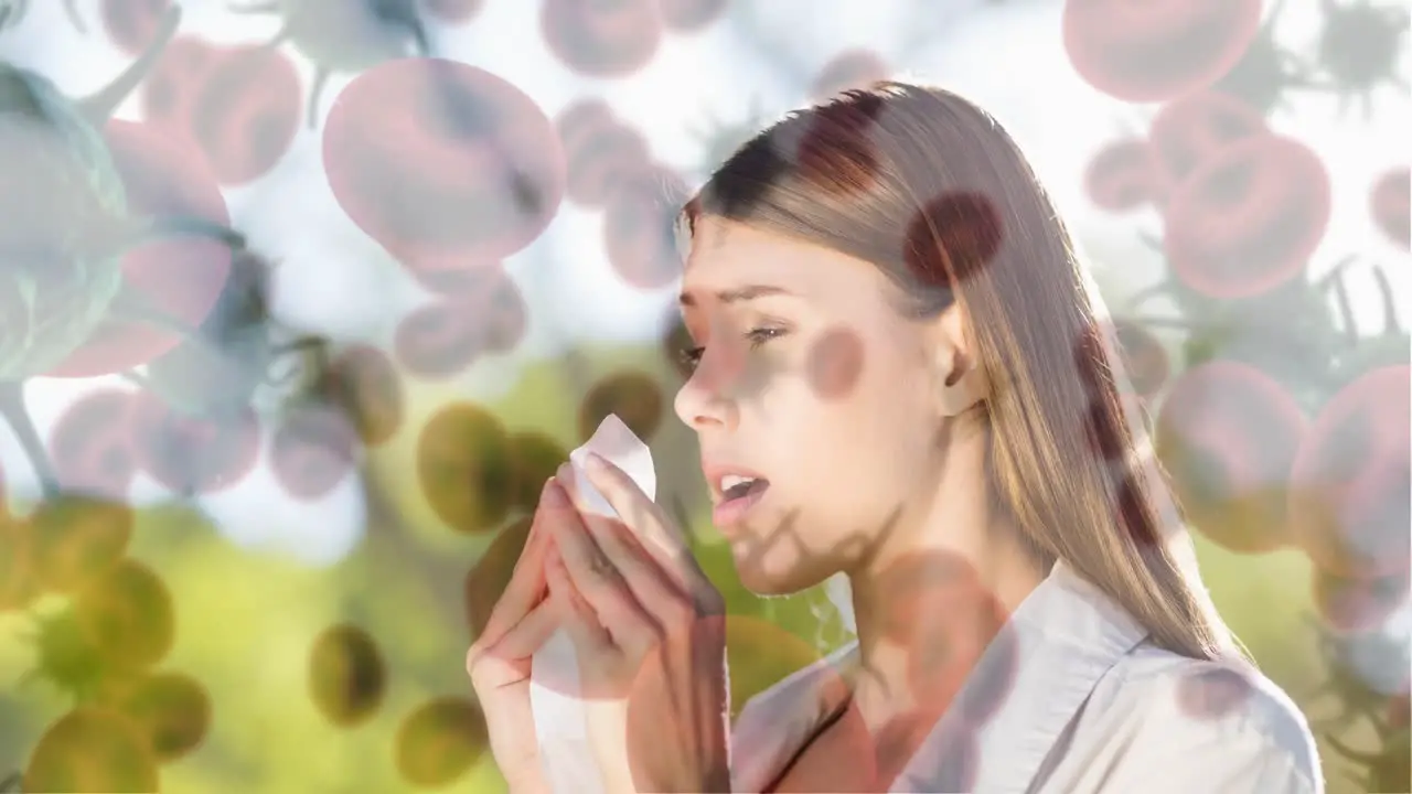 Woman suffering from sneezing and bacteria infection cells 4k