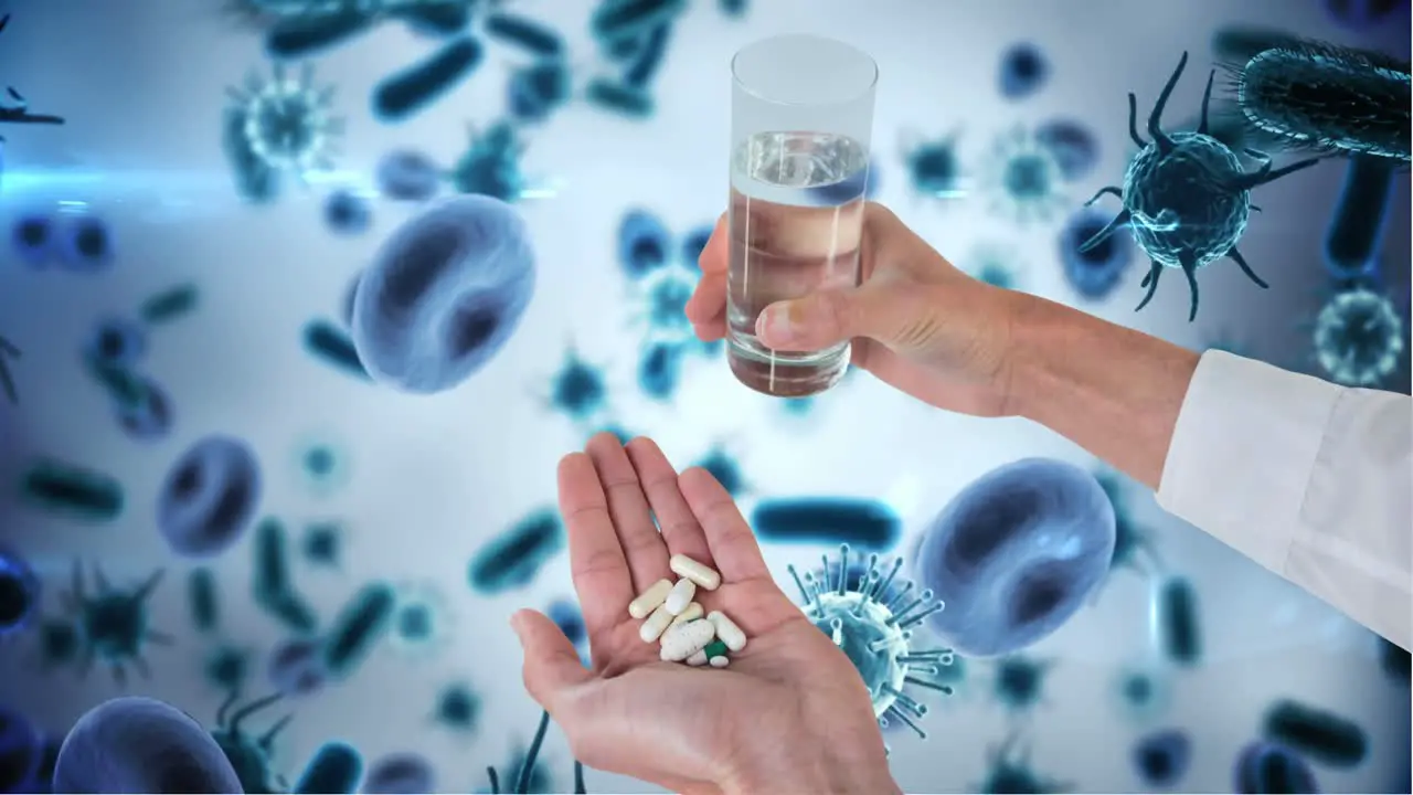 Person holding pills against bacteria infection in blood steam 4k