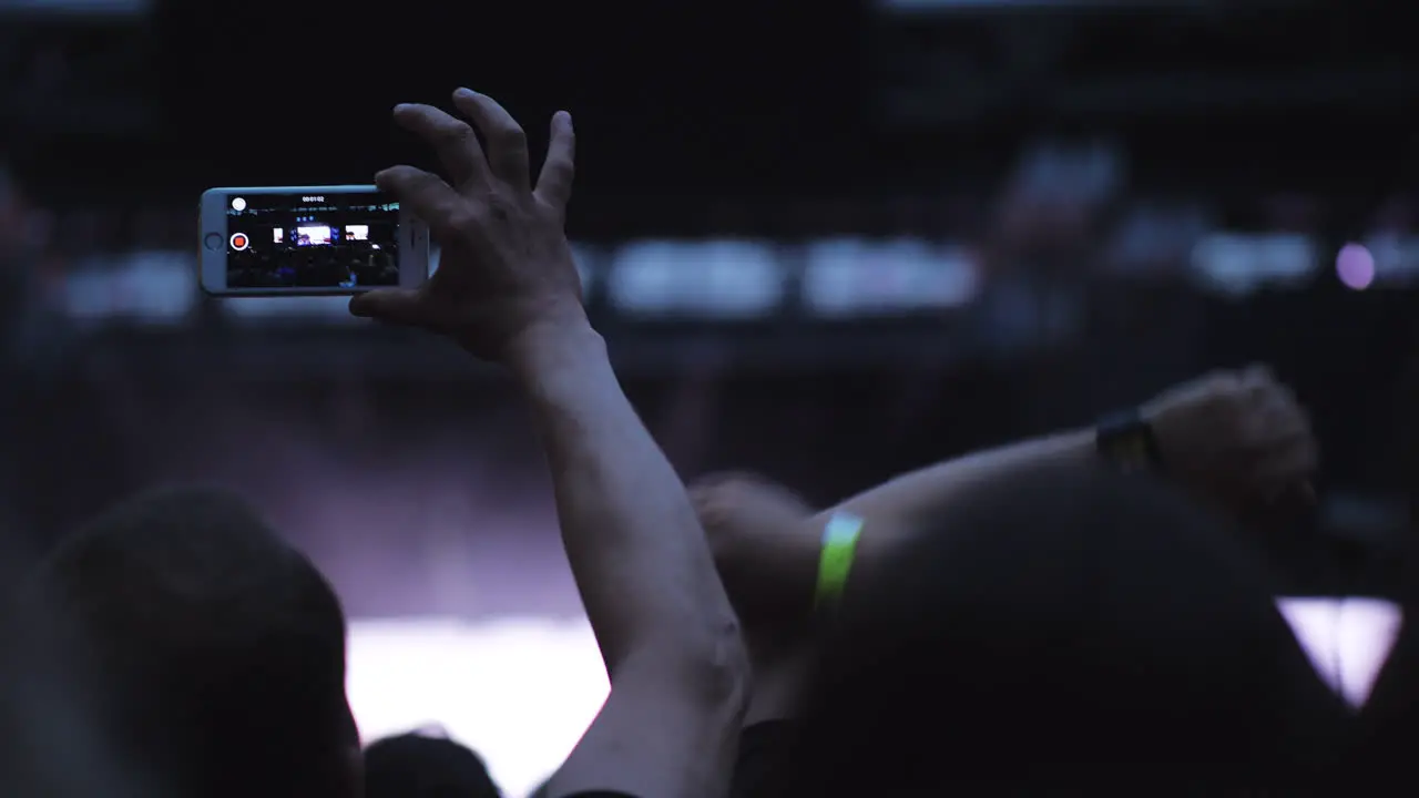 A slow motion of two men in the crowd at an open air concert