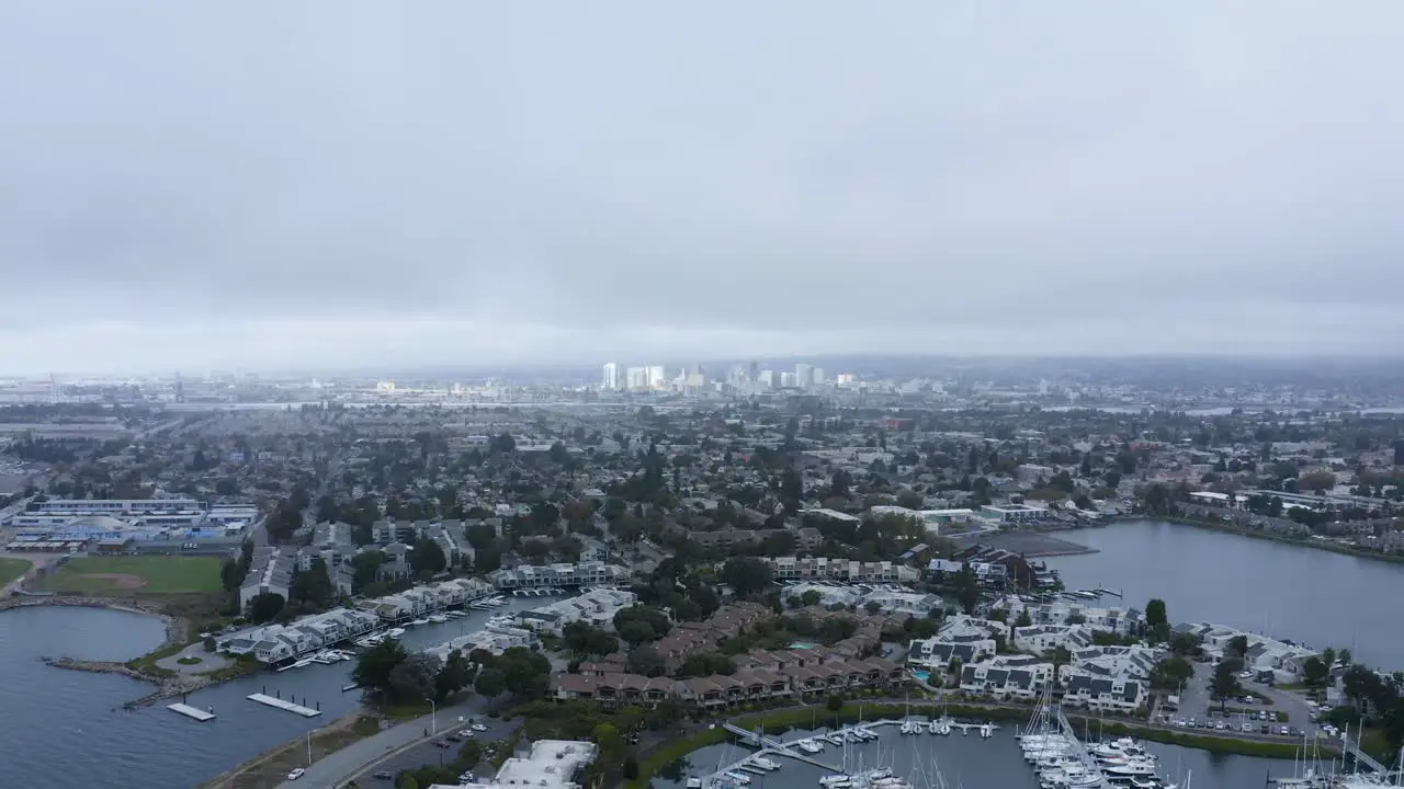 Beautiful cloudy skies over a large city near the bay