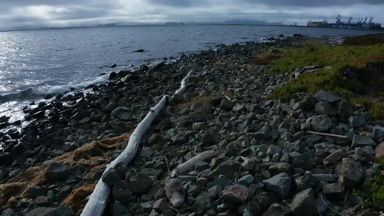 Natural shoreline and sunny skies with clouds on an overcast day