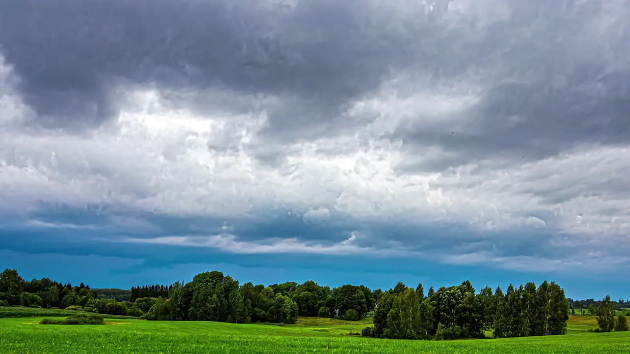 Cloudy Sky Over Rural Field With Lush Trees