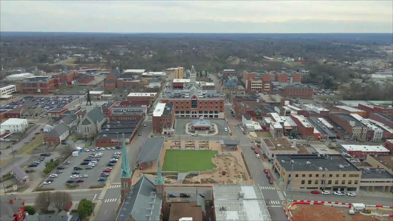 Drone flyaway shot of the Downtown Commons in Clarksville Tennessee