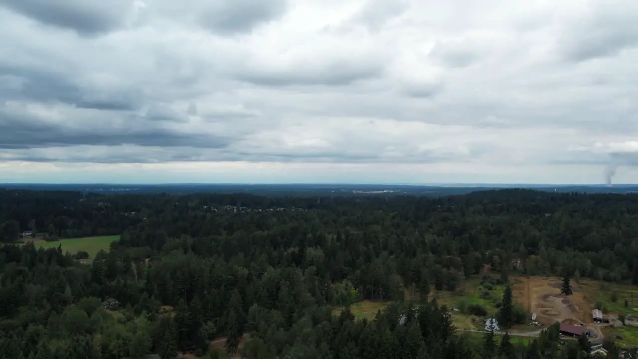 Drone flight captures the charm of a small town in Graham Washington on a cloudy and humid day