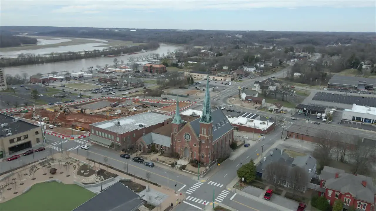 Wraparound drone shot revealing new event center and Downtown Commons in Clarksville Tennessee